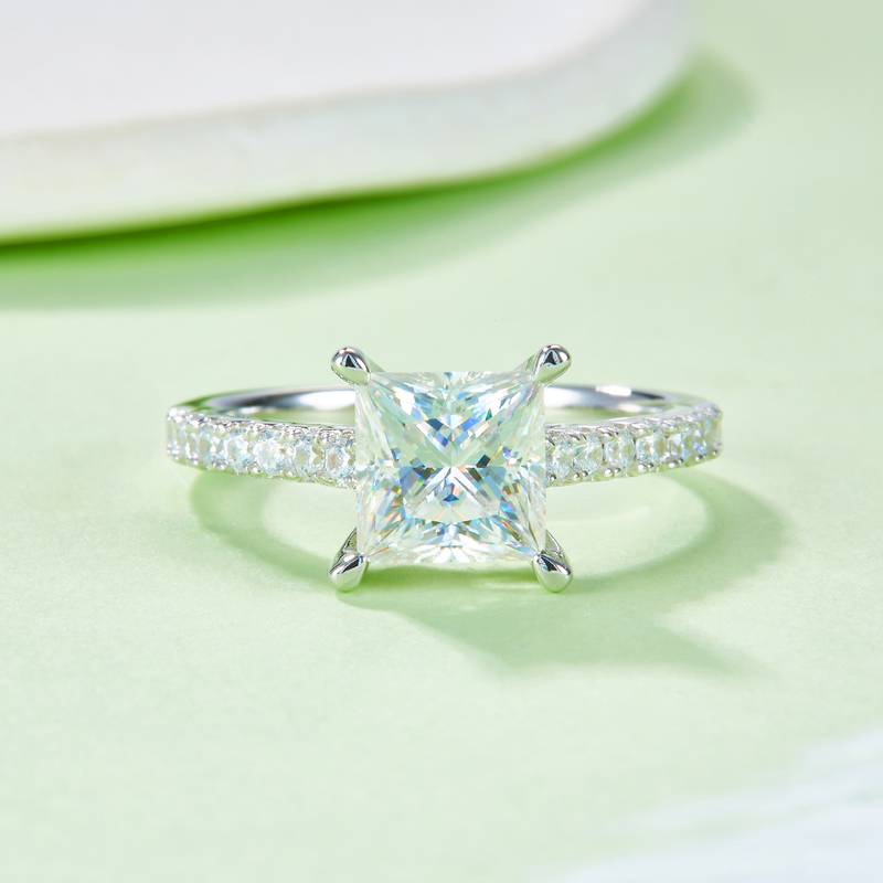 微镶正方形S925银镀白金MoissaniteWomen's Ring2.0ctD级